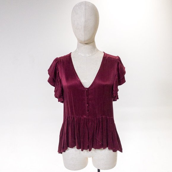 Neiman Marcus M Silky Ruffle Babydoll Blouse Red - Picture 3 of 10